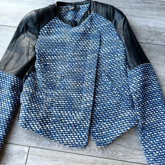 Zara Trafaluc Blue Black Tweed Faux Leather Moto Jacket - Picture 6 of 16